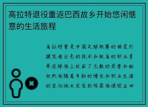 高拉特退役重返巴西故乡开始悠闲惬意的生活旅程